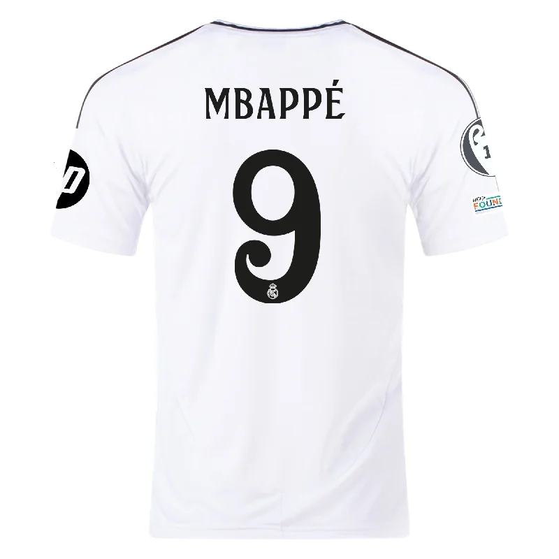 adidas Real Madrid Kylian Mbappe Home Jersey 24/25 w/ Champions League Patches (White/Black)