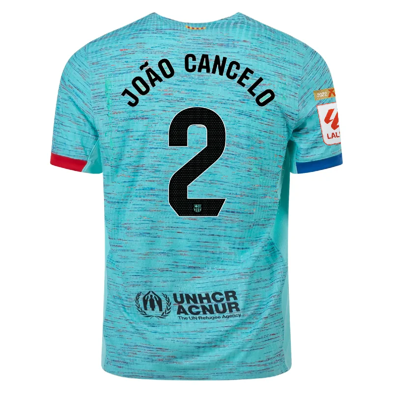 Nike Barcelona Authentic Joao Cancelo Match Vaporknit Third Jersey w/ La Liga Champion Patches 23/24 (Light Aqua/Royal Blue)