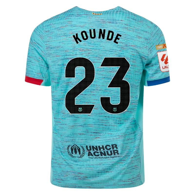 Nike Barcelona Authentic Jules Kounde Match Vaporknit Third Jersey w/ La Liga Champion Patches 23/24 (Light Aqua/Royal Blue)