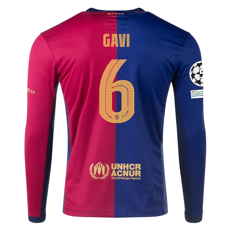 Nike Barcelona Home Gavi Long Sleeve Jersey w/ Champions League Patches 24/25 (Royal/Nobel Red/Club Gold)