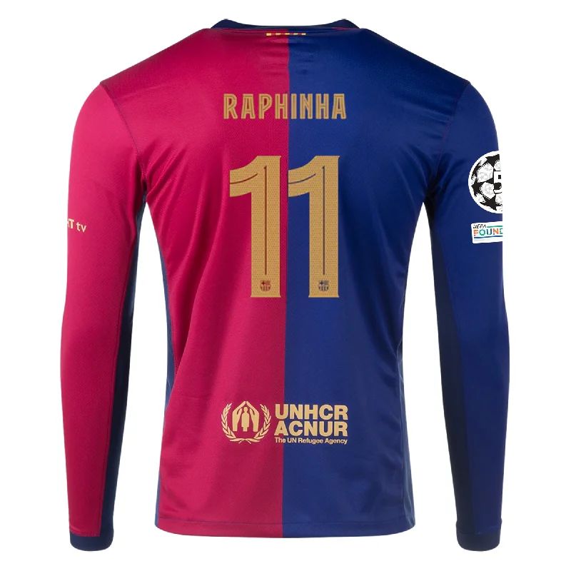 Nike Barcelona Raphinha Home Long Sleeve Jersey w/ Champions League Patches 24/25 (Royal/Nobel Red/Club Gold)