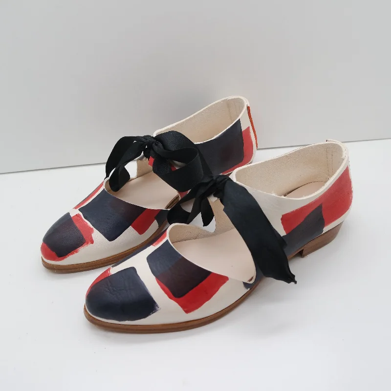 BBF24 SALE. SIZE 37. THE MARY. BLOCK PRINT. TT APPLE AND NORI. RIBBON STRAPS. 2CM